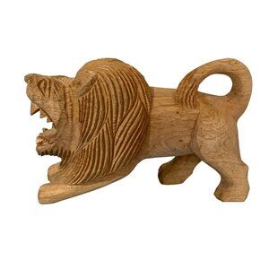 Hand Carved Wooden Lion Statue Figurine